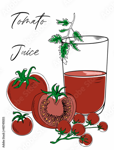 Colorful doodle of the glass of tomato juice served with fresh tomatoes and greenery, isolated on white background