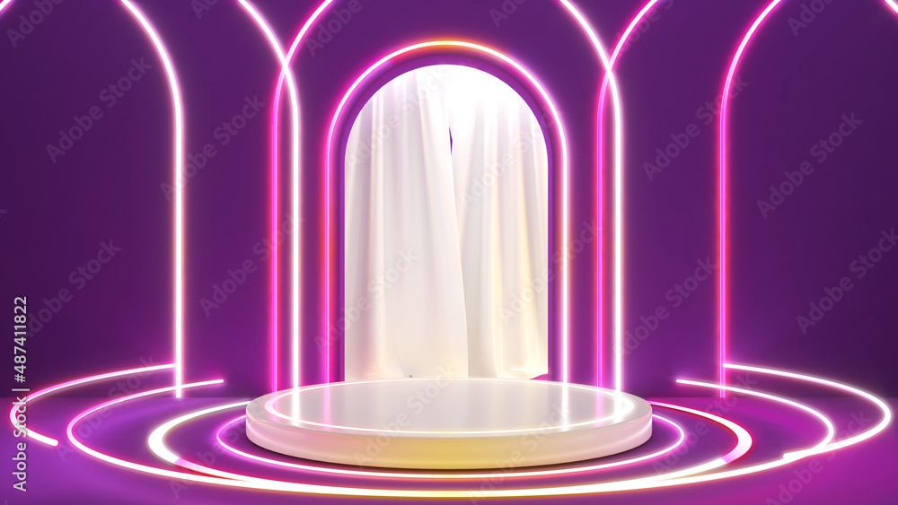 white circle stand on a purple background and neon light,mock up podium for product presentation,3D rendering white circle stand on a purple background and neon light,mock up podium for product presentation,3D rendering