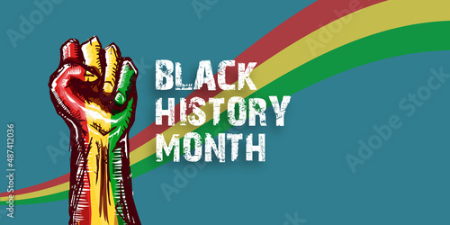 Black history month horizontal banner with protest raised fist colored in African flag isolated on background. Black history month horizontal poster, flyer with black mans fist