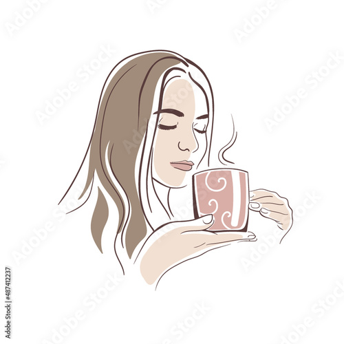 Girl with a cup of hot coffee or tea. Young attractive woman is drinking. Fashion model. Label, logo, emblem for cafe, food industry. Template. Close-up. Clip art. Hand Painting. Ink. Line art. Vector