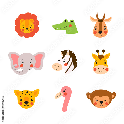 Wild animals portraits vector set. Cute and funny baby animals faces  collection drawn in flat style and isolated on white background