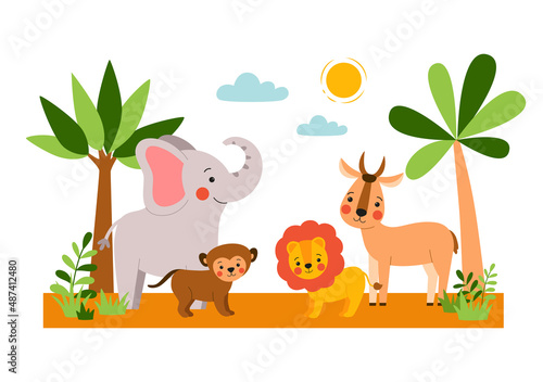 Wild baby animals standing on jungle forest background. Cute safari nursery print isolated on white background