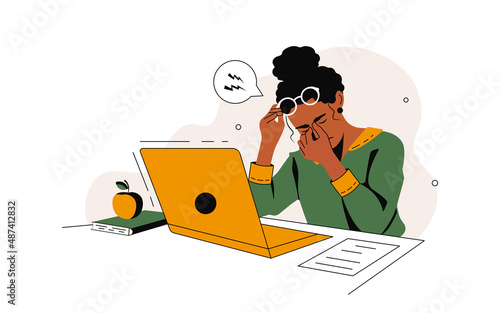 Dark-skinned Girl is tired of working on a Laptop. She rubs her eyes. Illustration on the theme of Eye Health. Vector illustration. photo