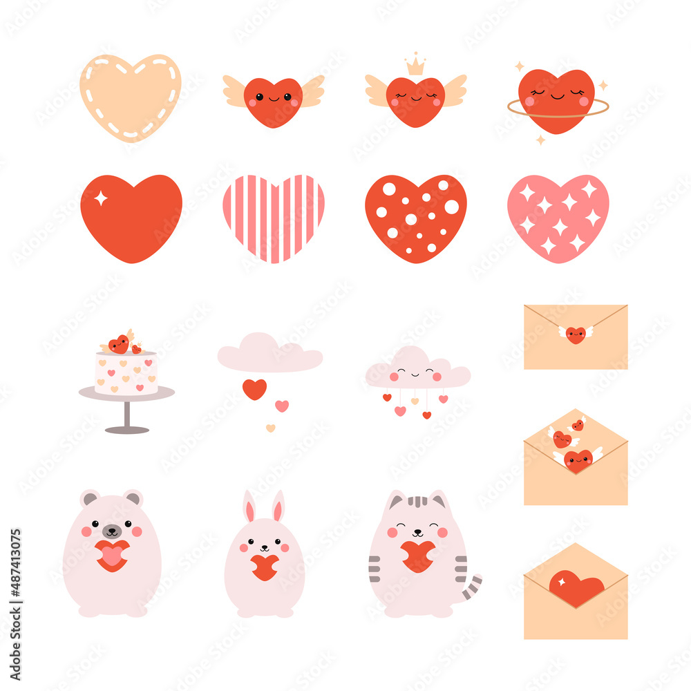 Cute romance set with hearts, letters and animal characters. Kawaii vector collection isolated on white background Cute romance set with hearts, letters and animal characters. Kawaii vector collection isolated on white background