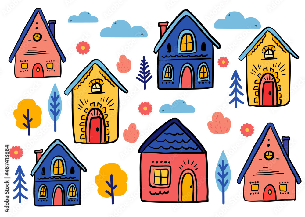 Vector illustration, small houses set, isolated on a white background.