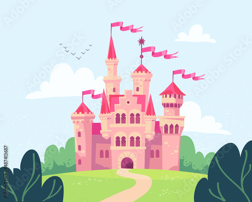 Vector illustration for children with fairy pink castle. Medieval fairytale magical magic fortress fort royal palace.