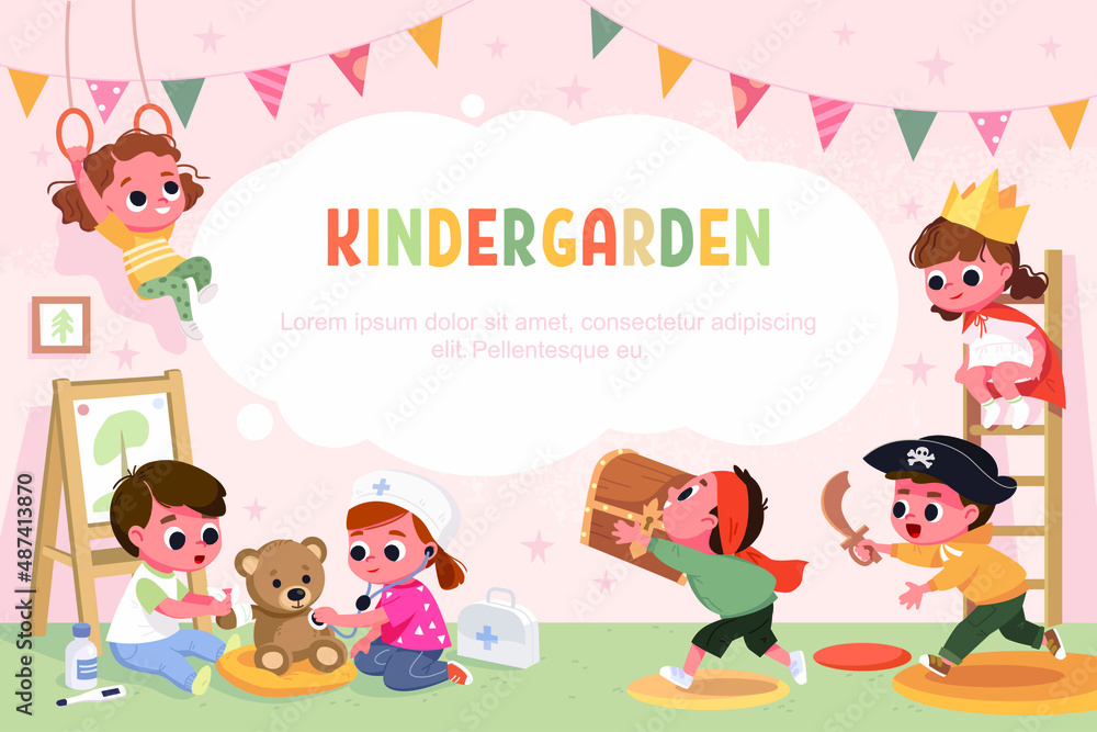 Kids play together in kindergarden. Kindergarden illustration vector.