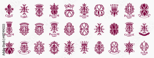 De Lis and crowns vintage heraldic emblems vector big set, antique heraldry symbolic badges and awards collection with lily flower symbol, classic style design elements, family emblems.