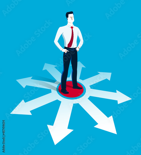 Doubting businessman choosing different directions which way to go vector illustration, business man have a dilemma because or different options or opportunities.