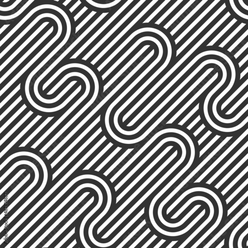 Seamless linear vector geometric minimalistic pattern, abstract lines tiling background, stripy weaving, optical maze, twisted stripes. Black and white design.