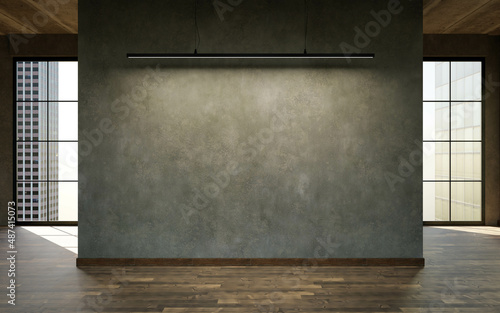 concrete wall with copy space modern industrial design studio loft living room background with big concrete walls. 3d render illustration