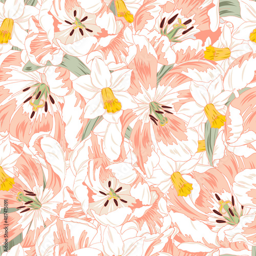 Pink tulips and daffodils seamless