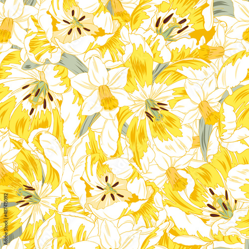 Yellow tulips and daffodils seamless