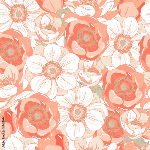 Pink and white anemones romantic pattern