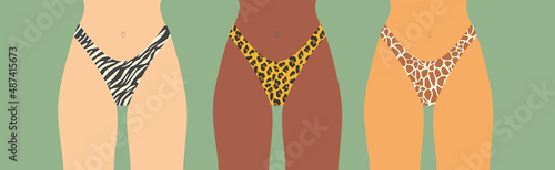 Underwear. Women panties, briefs multi-colored with print.National diversity, race diversity female body with variety of skin tones in lingerie.Body positive.Colorful Isolated flat vector illustration