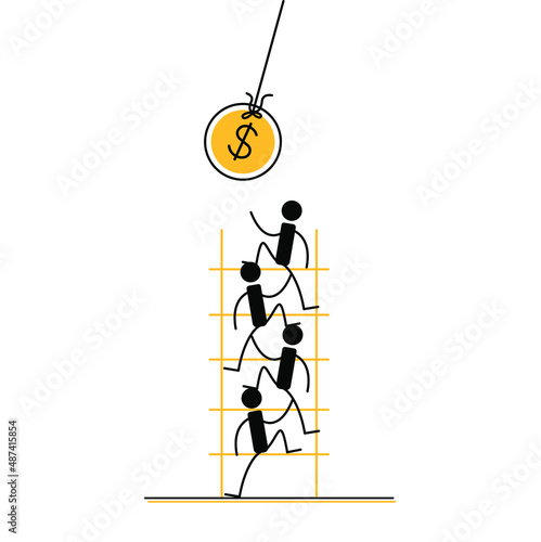 Ponzi pyramid scheme. People running for money. Vector illustration isolated on white background.