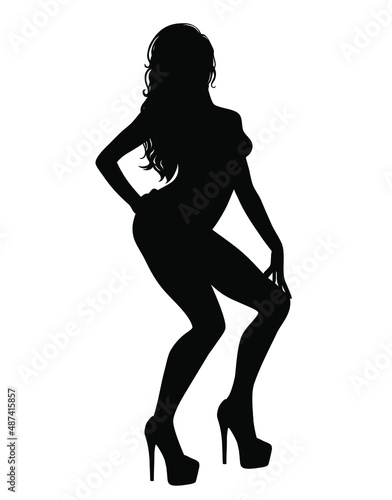 Shape of dancing beautiful woman. Vector silhouette of sexy girl with long hair in dance shoes. Beauty and fashion model icon isolated on white background. Pinup girl.