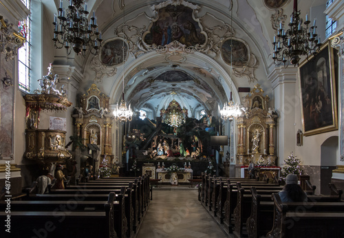 Mount St. Anna, Poland, January 22, 2022: Inside the Basilica of St. Anna in the international sanctuary of St. Anna with elements of a Christmas nursery typical of Franciscan churches