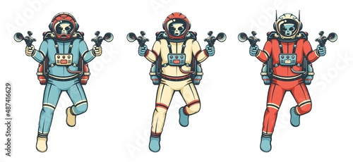 Alien astronaut in spacesuit and with blasters. Comic book alien Martian with ray gun. Vector image.