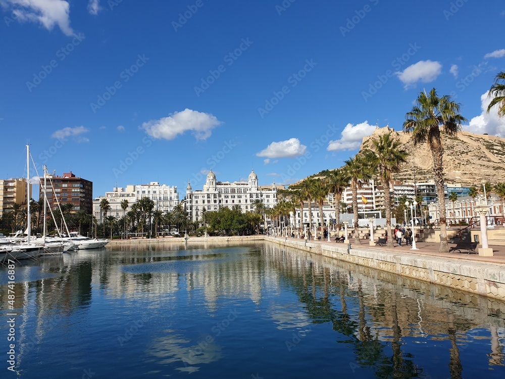 Spain, Alicante, October 2019, view of the city from the marina with yachts