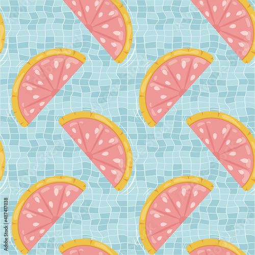 Seamless pattern with grapefruit shaped inflatable mattresses for pool party, fabric background and banner. Vector illustration