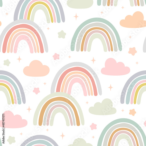 Hand drawn rainbows, cloud and star cartoon baby texture for fabric textile wallpaper apparel wrapping, Rainbow seamless vector pattern background