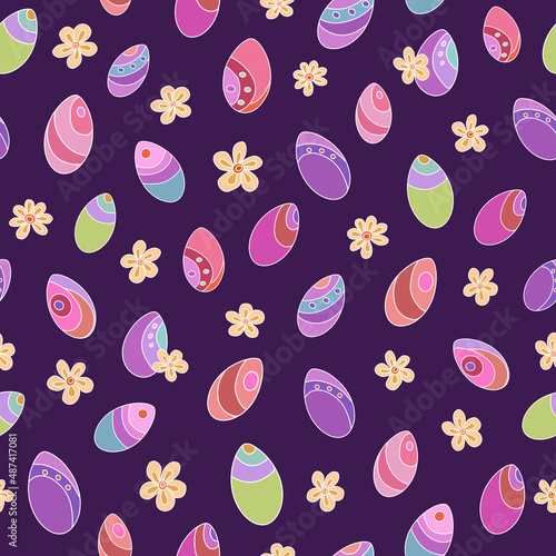 Seamless vector pattern of Easter eggs and flowers. Suitable for packaging, fabrics, wallpapers and simple colorings. Easter background.