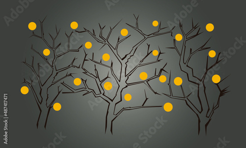illustration depicting a group of trees on a brown background with golden fruits. for prints on postcards, banners and for interior design on the theme of productivity and prosperity