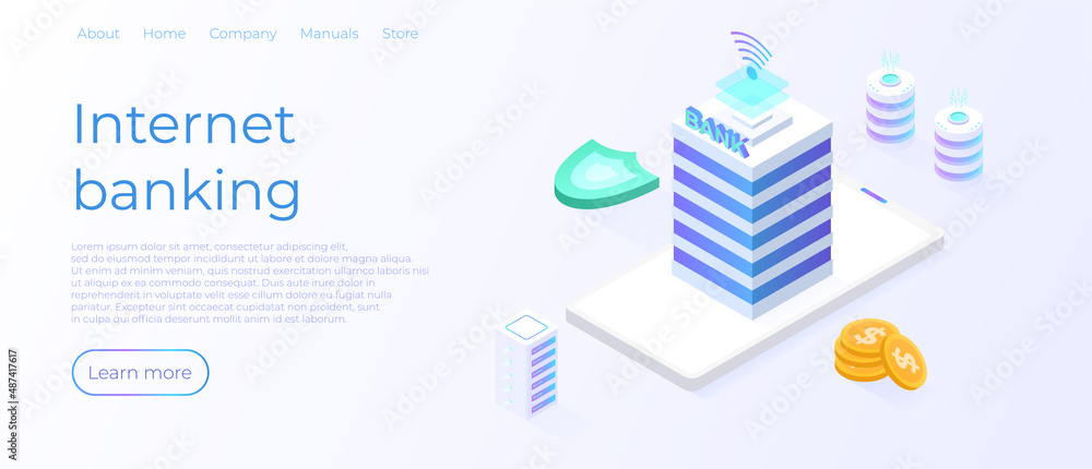 Online Bank. Building and money transaction concept in isometric vector design. Payment transfer or deposit and investment. Internet banking concept. Online Bank. Building and money transaction concept in isometric vector design. Payment transfer or deposit and investment. Internet banking concept.