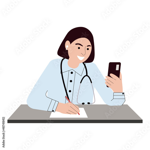 A doctor helps a patient online. A female doctor consults the patient over the Internet. Vector illustration on white background. For print, web design.