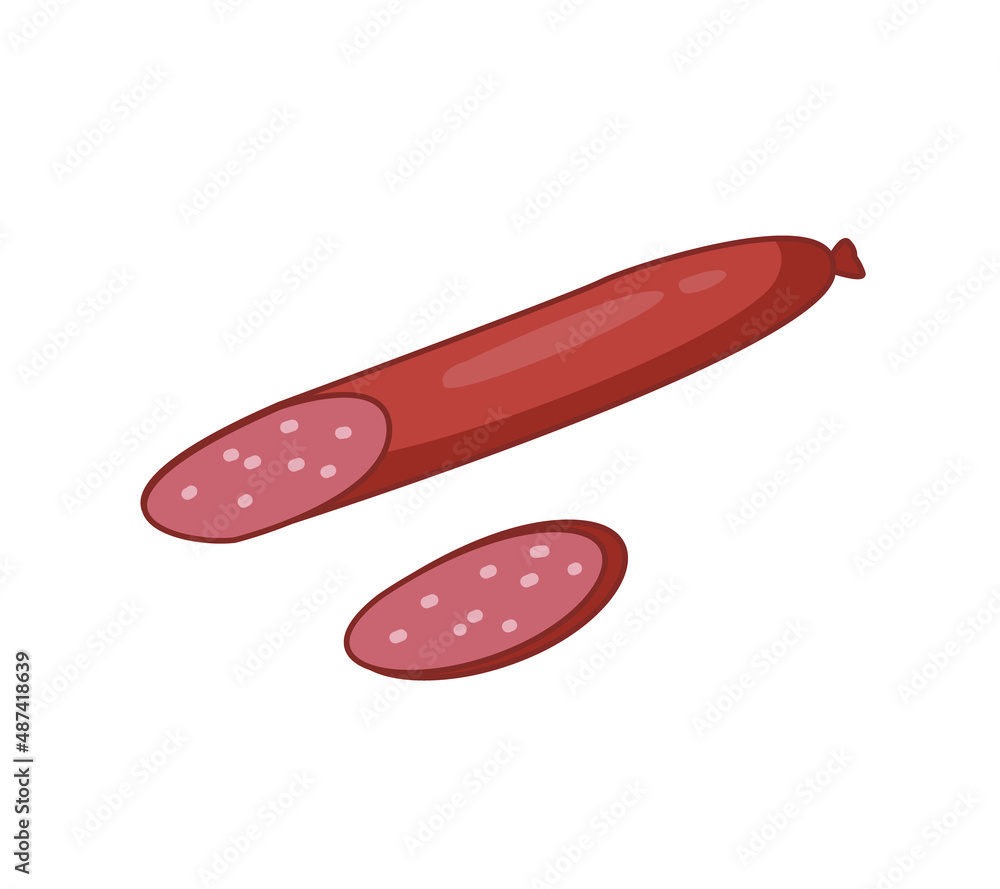 Smoked salami sausage with cut slice. Vector illustration of meat food in cartoon childish style. Isolated funny clipart of soy sausages on white background. cute print. Smoked salami sausage with cut slice. Vector illustration of meat food in cartoon childish style. Isolated funny clipart of soy sausages on white background. cute print.