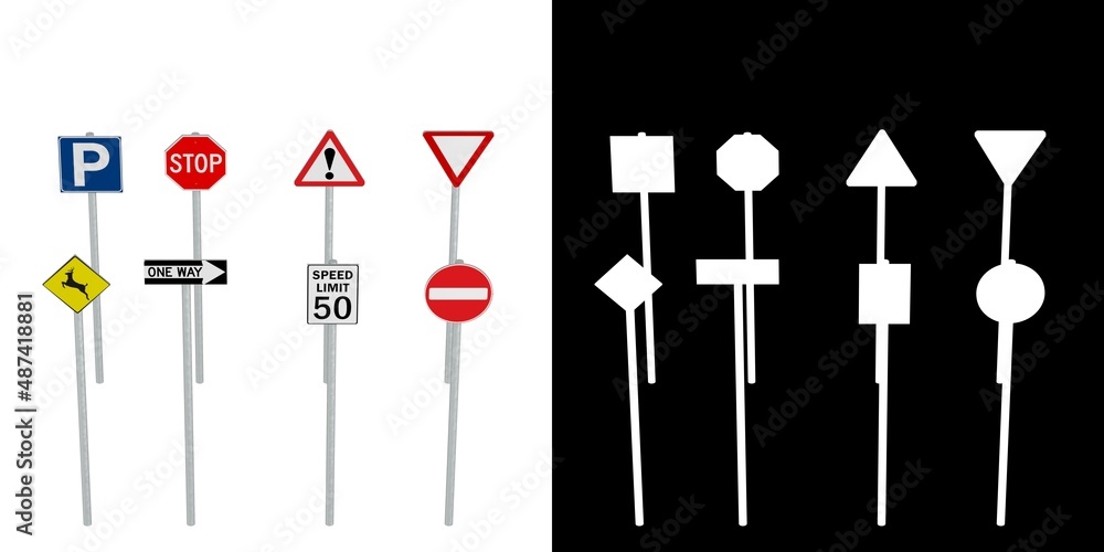 3D rendering illustration of a set of traffic signs 3D rendering illustration of a set of traffic signs