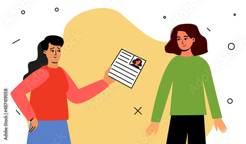 A female recruiter reviews a resume. Recruitment, interview. Vector illustration
