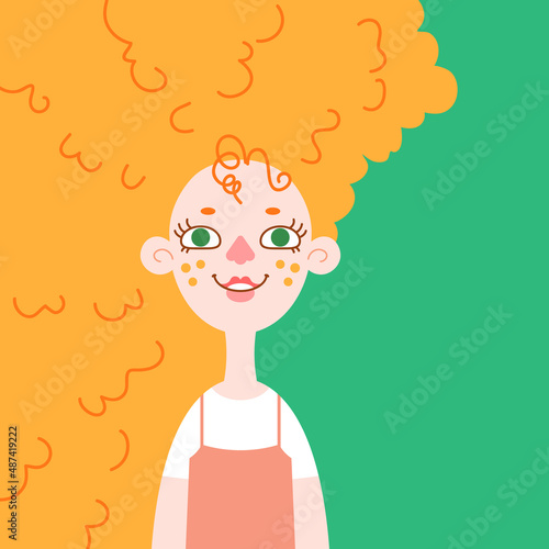 Portrait of a red-haired girl with a magnificent hairstyle. Young cartoon woman with red, wavy hair. Vector illustration in a flat style.