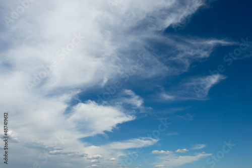 Snow-white clouds of various types float across the blue sky