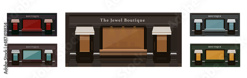 boutique shop store. facade of a jewelry store with a showcase red yellow, green, blue, brown color.  store buildings of different sizes and colors