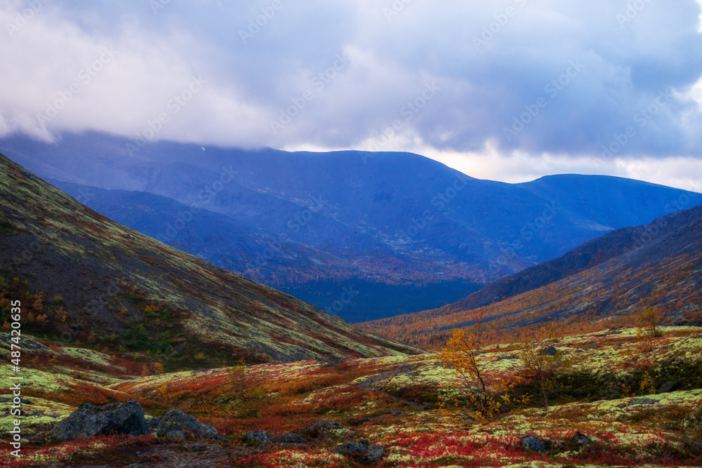 Autumn colorful tundra on the background mountain peaks. Mountain landscape in Kola Peninsula, Arctic, Khibiny Mountains. Autumn colorful tundra on the background mountain peaks. Mountain landscape in Kola Peninsula, Arctic, Khibiny Mountains.