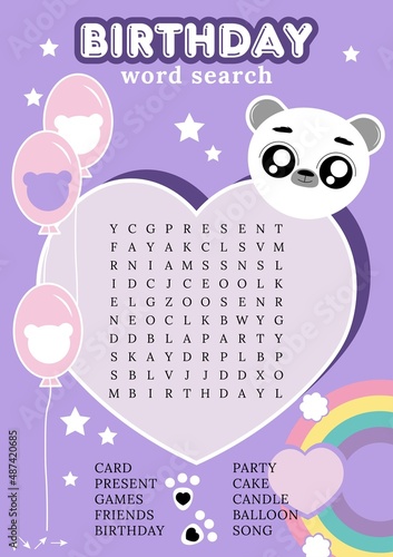  Birthday word search puzzle.  Printable trivia game for children. Crossword with cute kawaii bear. Сolorful worksheet for learning English words. Fun  party activities.