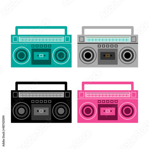 Retro boom box set. Audio cassette players, 1980s style.