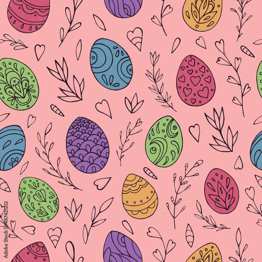 Seamless vector pattern of Easter eggs and abstract floral elements. Holiday background for greeting card, website, printing on fabric, gift wrap, postcard and wallpapers. Easter background. Seamless vector pattern of Easter eggs and abstract floral elements. Holiday background for greeting card, website, printing on fabric, gift wrap, postcard and wallpapers. Easter background.