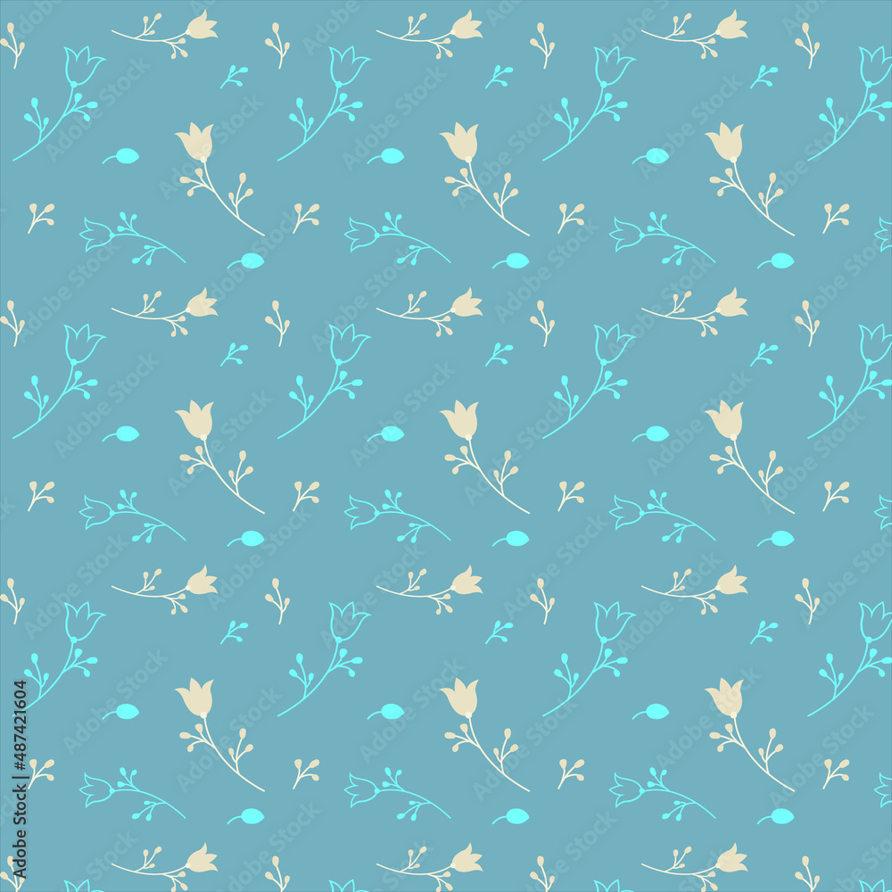 Pattern flowers. On a blue background beige flowers and bright blue.