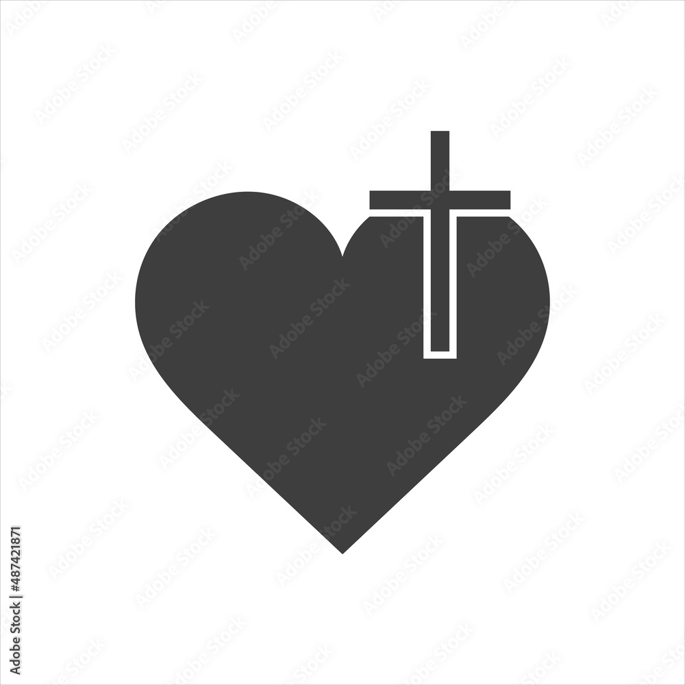 Obraz premium Christian cross icon in the heart inside. Black christian cross sign isolated on light background. Vector illustration. Christian symbol