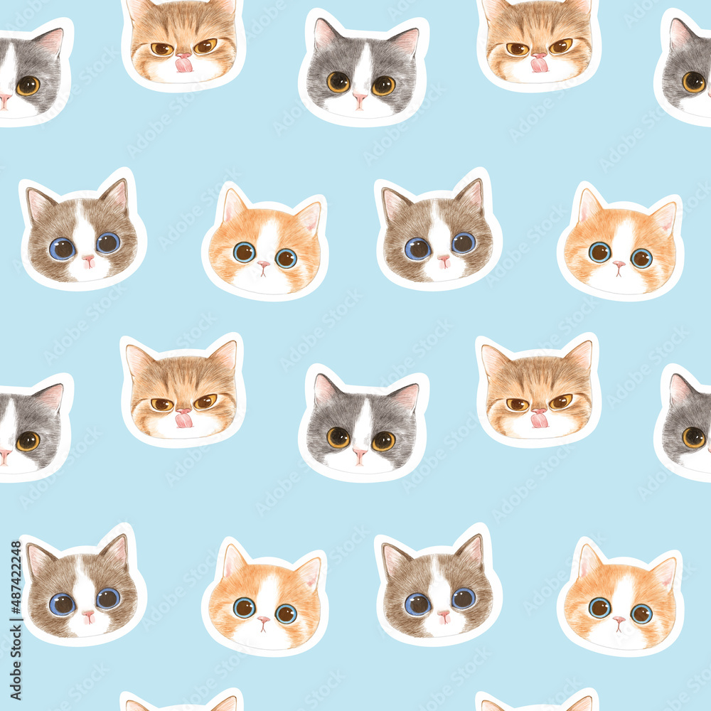 Seamless Pattern with Hand Drawn Cartoon Cat Face Design on Light Blue Background Seamless Pattern with Hand Drawn Cartoon Cat Face Design on Light Blue Background