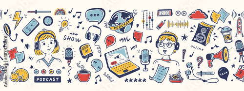 Podcast Show Equipment and Items Seamless Vector Banner. Colorful Border Pattern with Hand Drawn Doodle Man and Woman Speaking in Microphone. Workplace of Radio Host or Blogger.