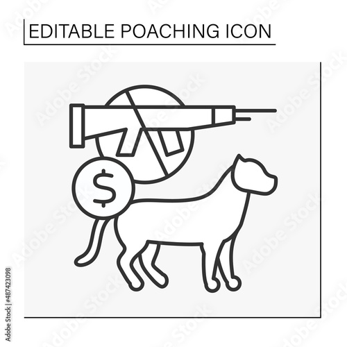  Hunting line icon. Illegal activity. Hunting rare jaguar at tropic forest for selling. Bloody trophy. Hunter kills wild animals. Poaching concept. Isolated vector illustration. Editable stroke