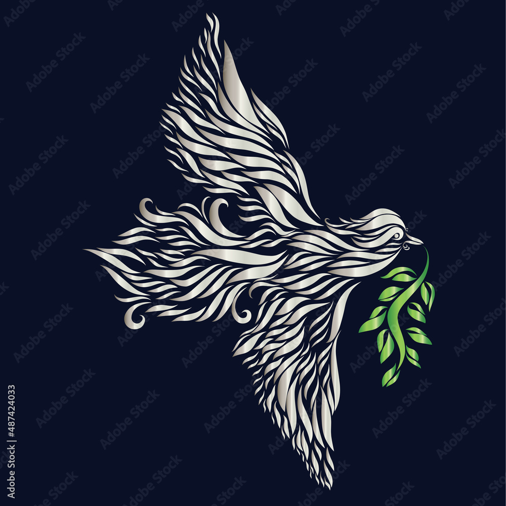 Obraz premium with a green branch of an olive tree a dove is flying logo a christian symbol of hope and peace and salvation silver color