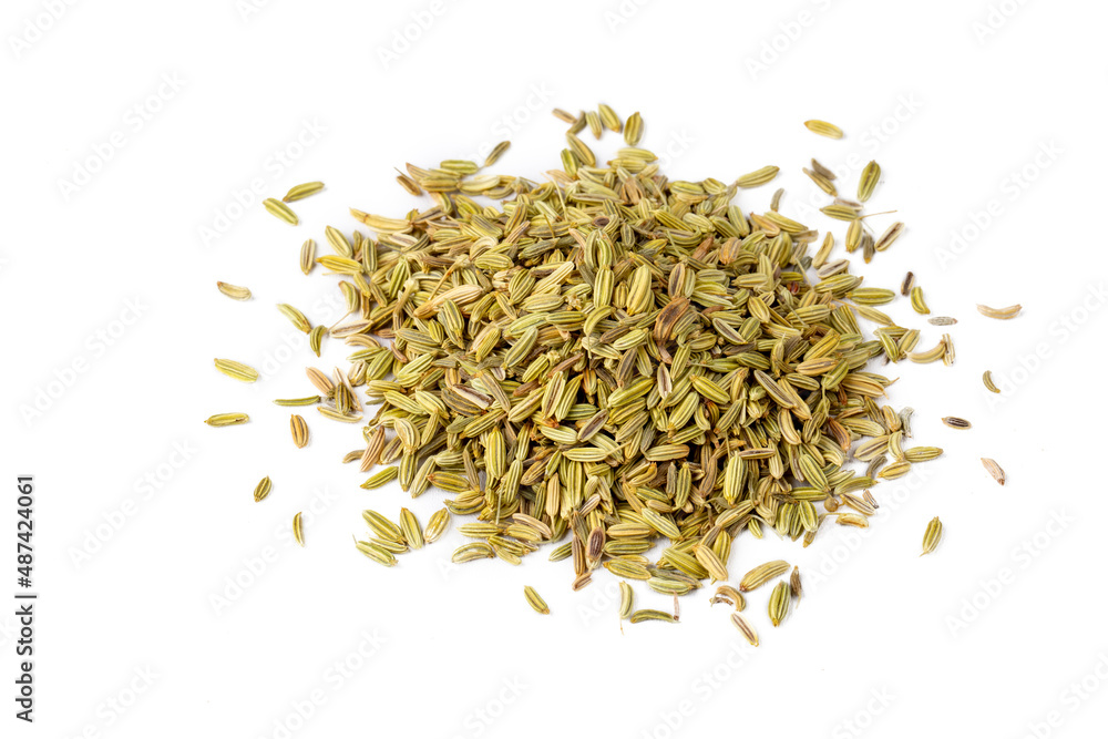 Dried fennel seeds on the white background Dried fennel seeds on the white background
