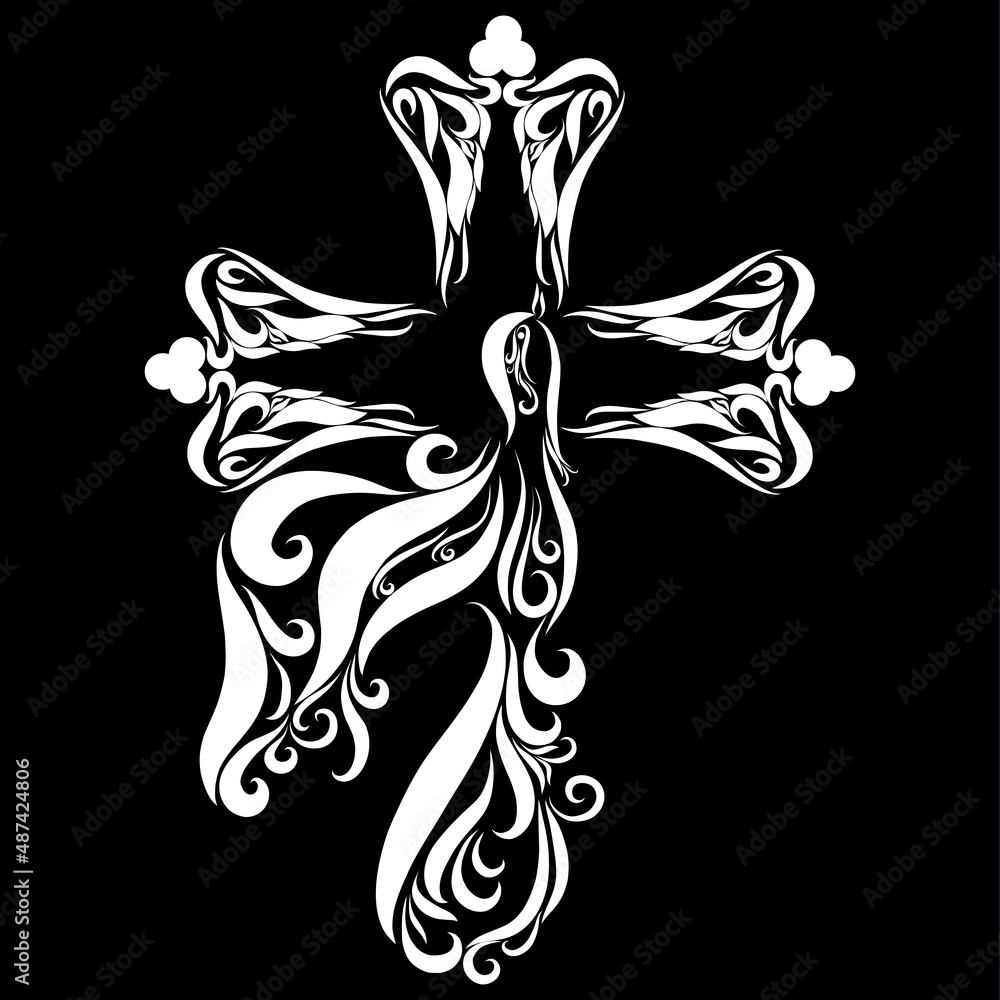 dove flying on the cross crucifix christening sunday graceful feather ornament logo christian symbol of hope and peace and salvation white color
