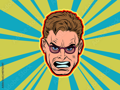 Angry male face, human emotions. Pop art illustration