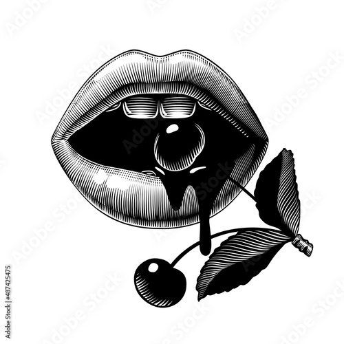 Engraved vintage drawing of female sexy mouth with cherries in teeth isolated on white